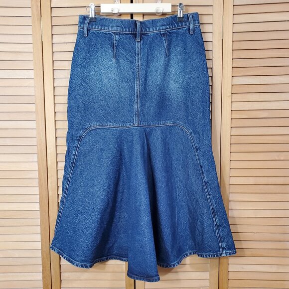 Express Super High Waisted Flare Hem Front Slit Denim Midi Skirt 8 - Picture 7 of 10